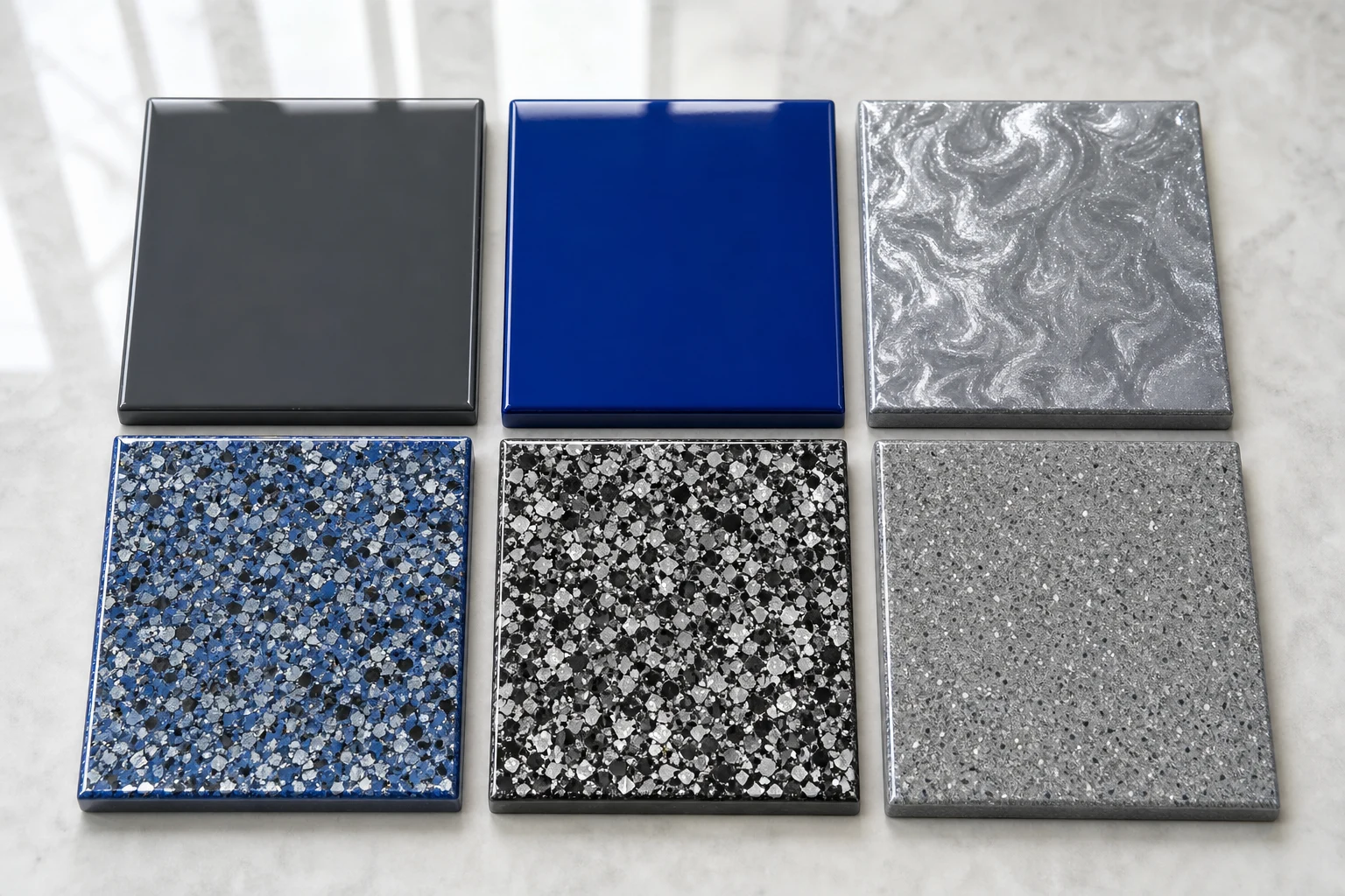 Six square epoxy finish sample tiles showing solid charcoal, solid cobalt blue, silver metallic, blue-grey flake, black-and-white flake and warm grey quartz
