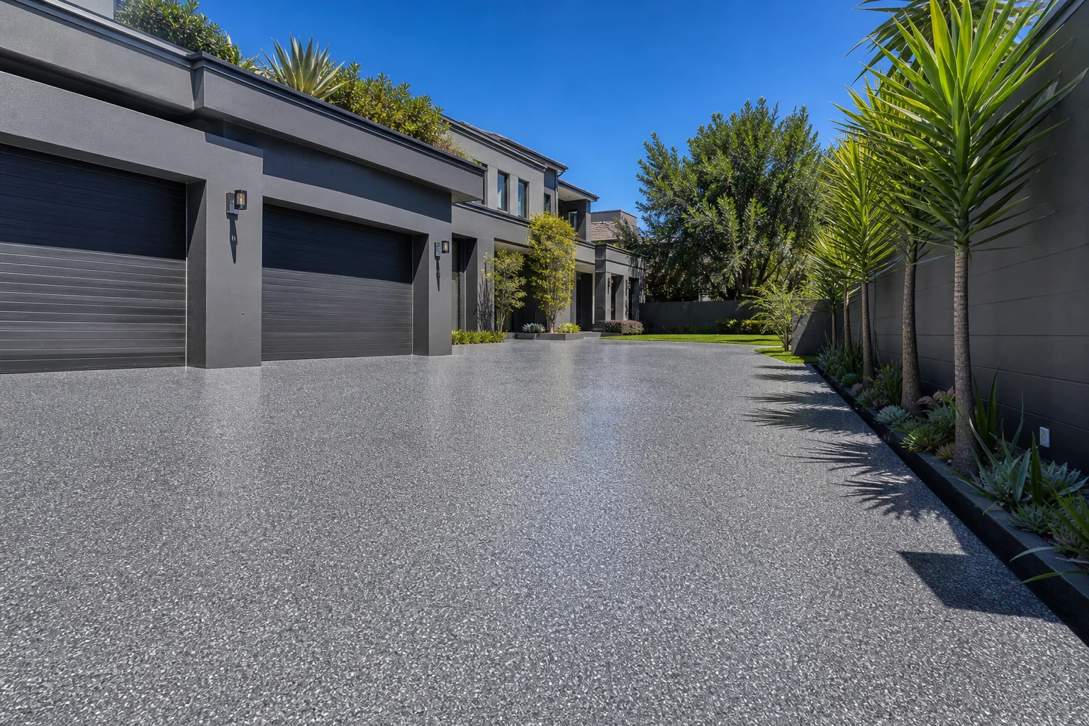Residential driveway finished with a grey and charcoal flake epoxy coating under bright South African sunlight and a deep blue sky