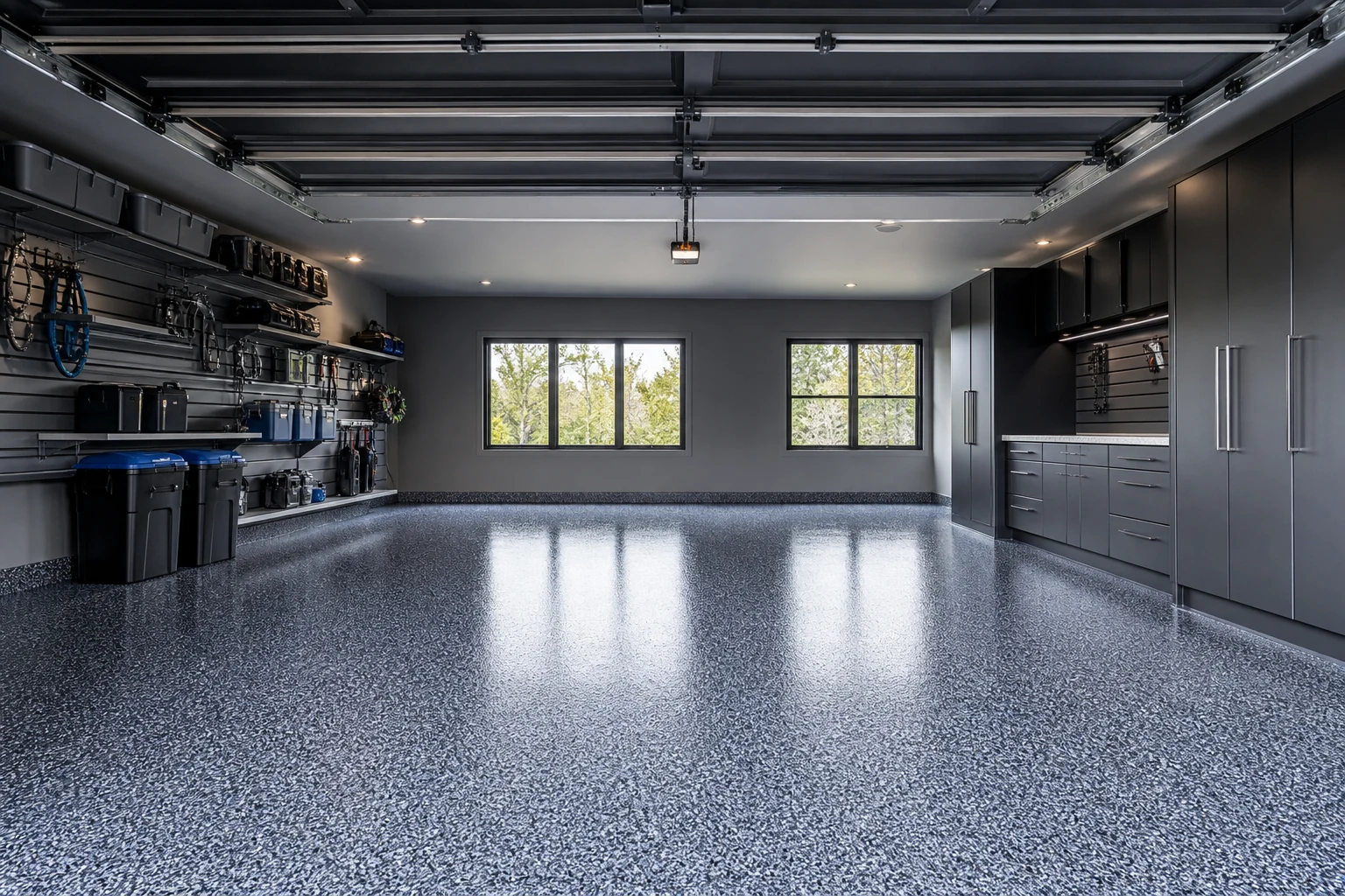 Residential double garage with a completed blue-grey flake-chip epoxy floor under a high-gloss clear coat