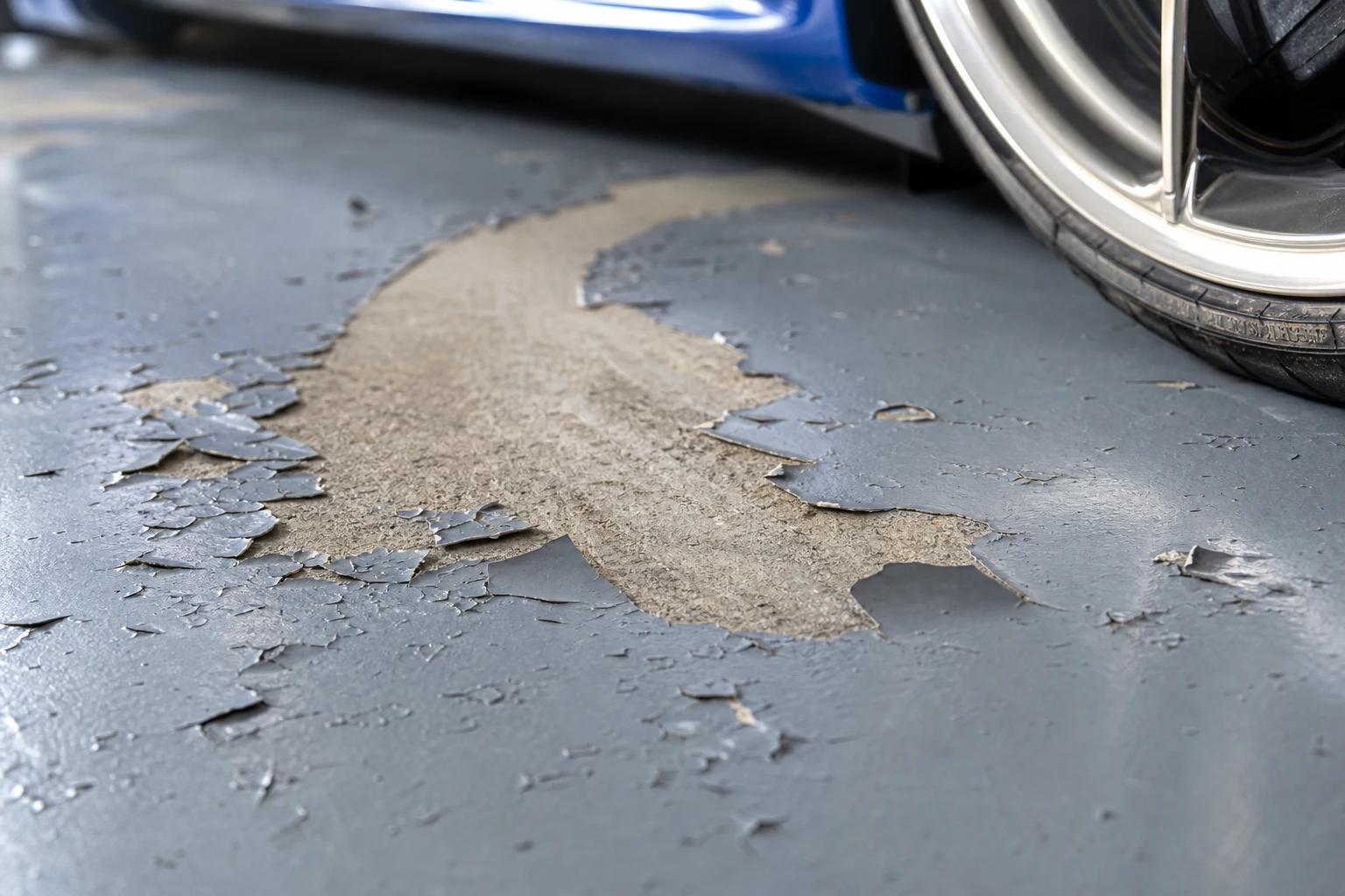 Failed thin garage floor coating peeling and flaking away in a tyre-shaped patch, exposing bare concrete underneath