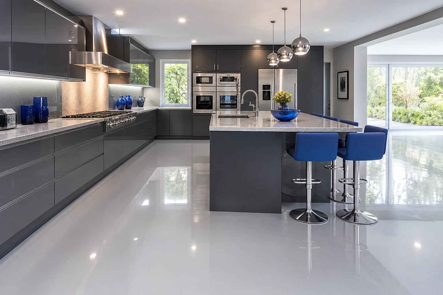 Modern kitchen with a seamless glossy light-grey epoxy floor running unbroken under the cabinetry and island, with no grout lines