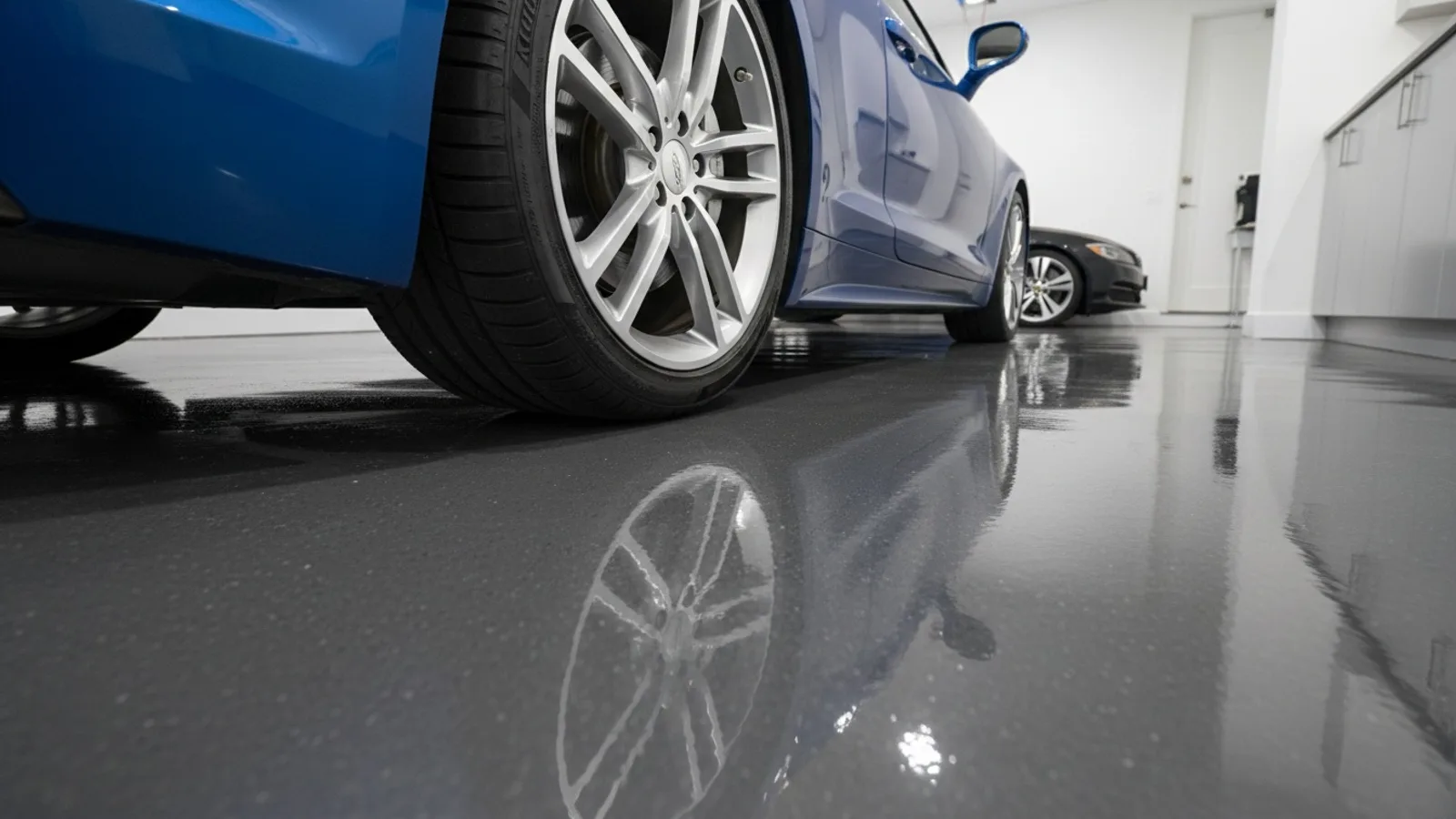 Low-angle view of a car's front wheels parked on a glossy charcoal epoxy garage floor, the coating intact around the tyre contact area