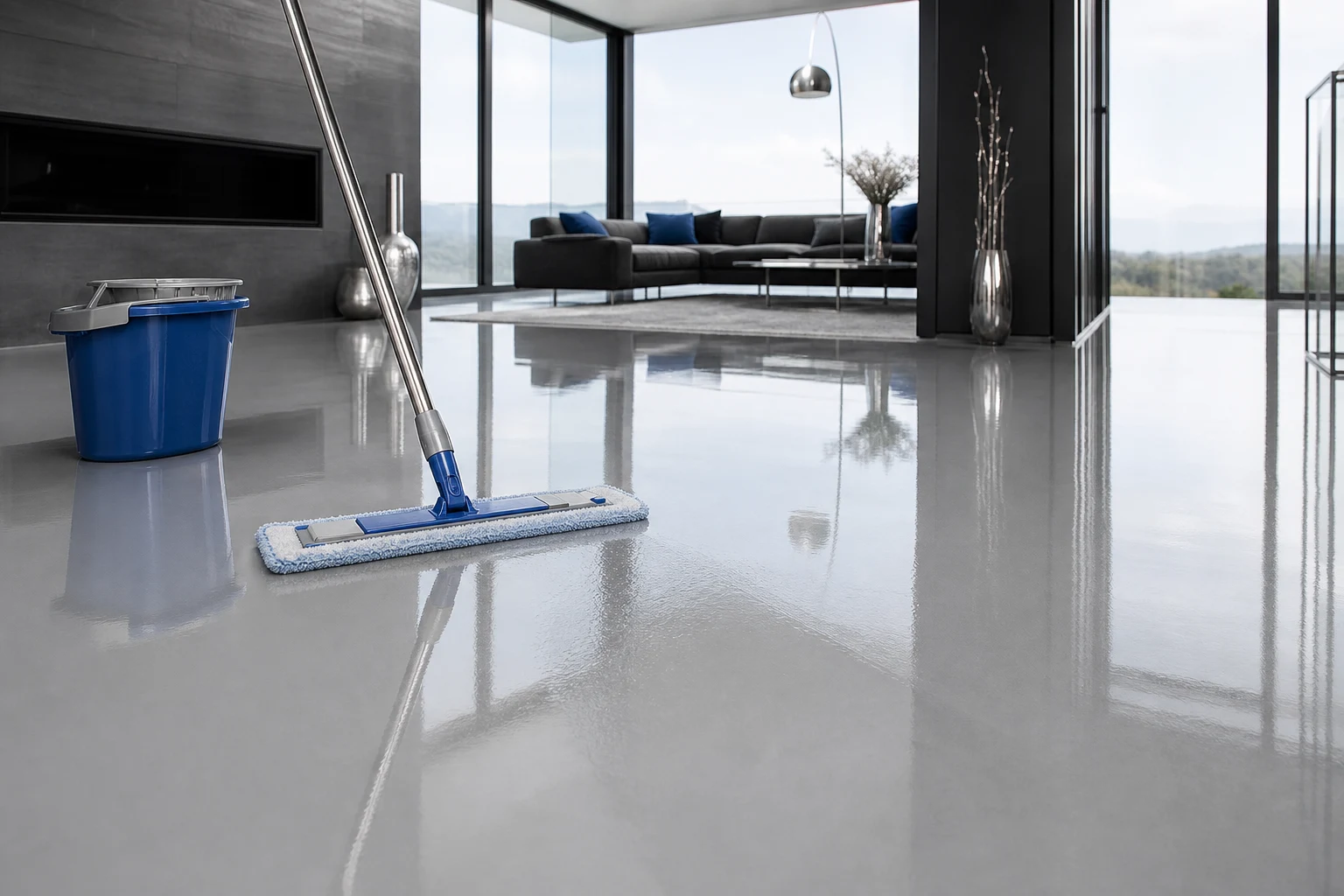Microfibre flat mop cleaning a seamless high-gloss light-grey epoxy floor, leaving a clean damp sheen