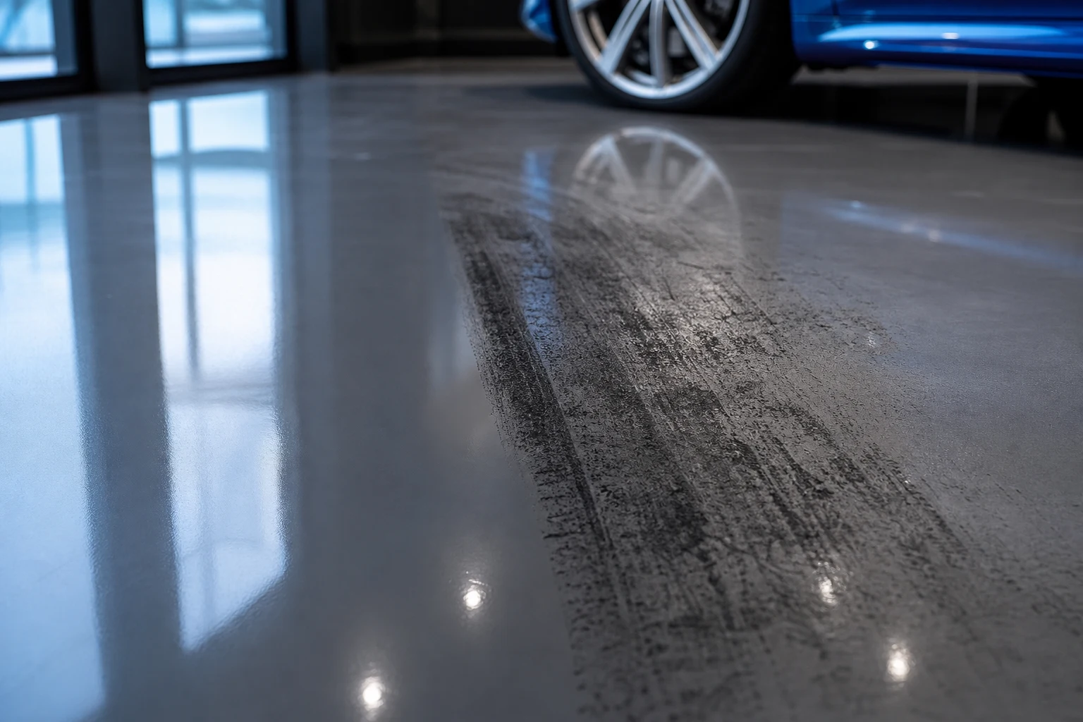 Black rubber tyre scuff on a glossy charcoal epoxy garage floor, half already cleaned away to show the pristine surface beneath