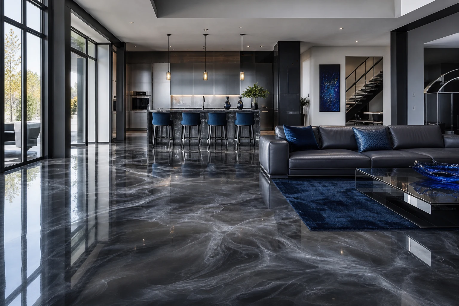 Modern open-plan living space with a charcoal and silver metallic epoxy feature floor reflecting floor-to-ceiling windows