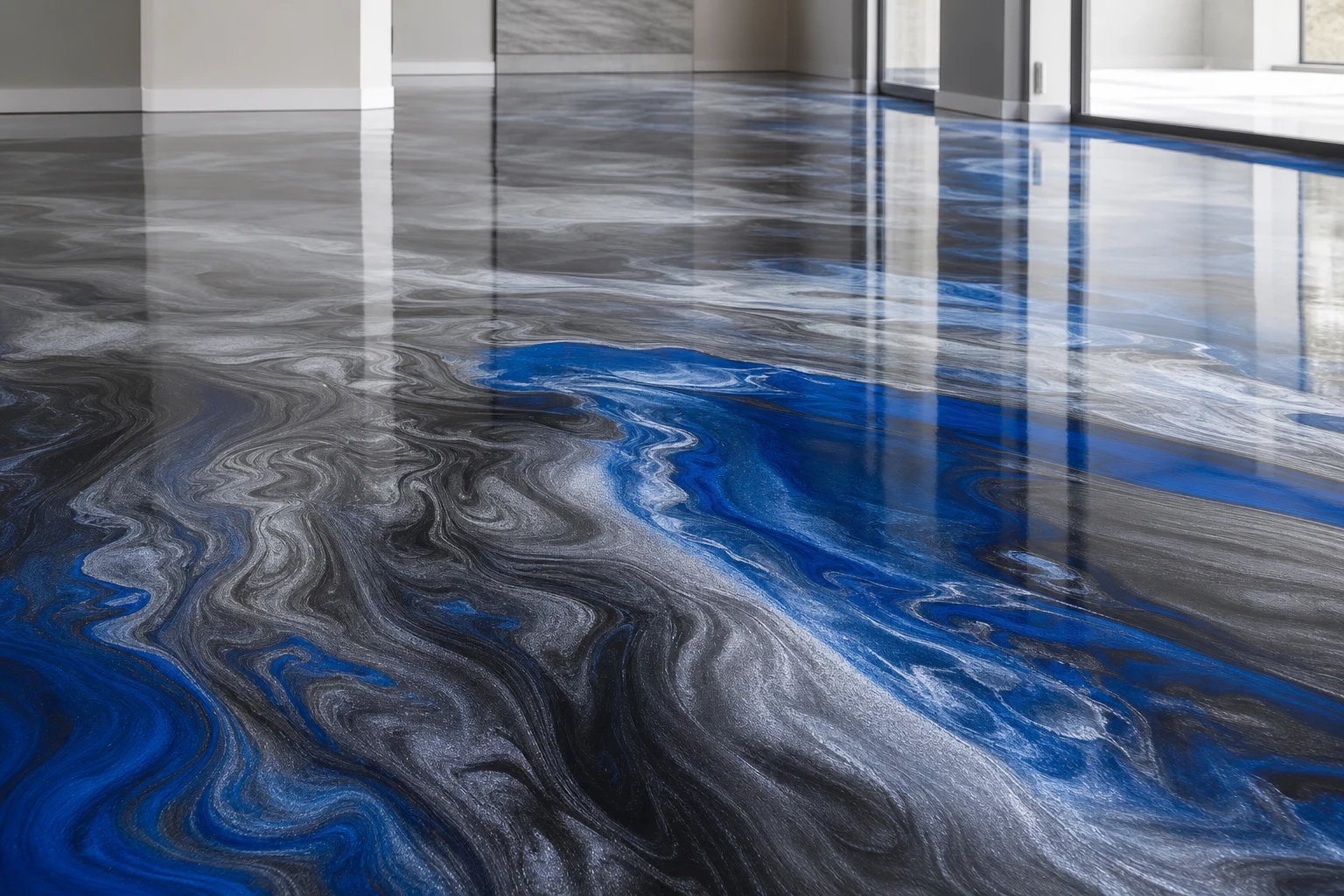 Charcoal and cobalt-blue metallic pigment spreading and marbling across a freshly poured epoxy resin floor
