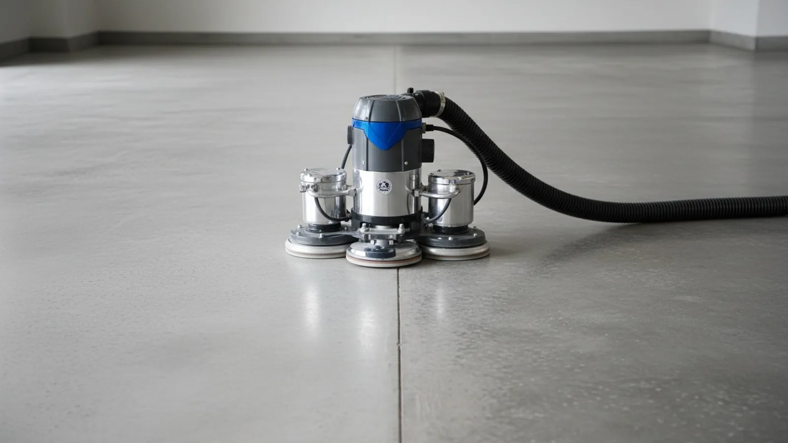 Planetary diamond grinder on a concrete garage slab, half the floor ground to an open profile ready for epoxy and half still untreated