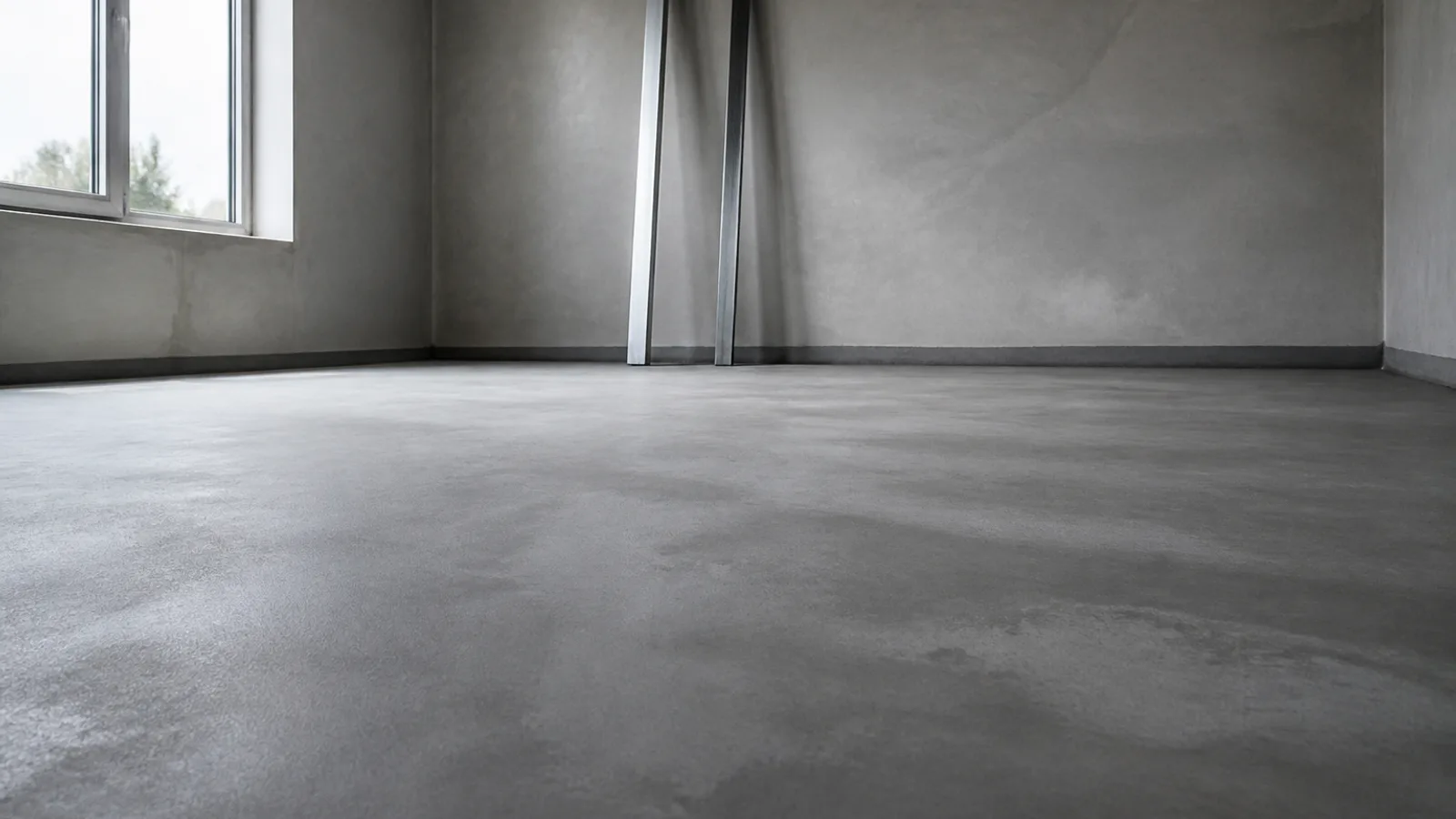 A freshly laid grey sand and cement screed in an empty room, with darker damp patches where it is still drying and levelling bars leaning against the wall