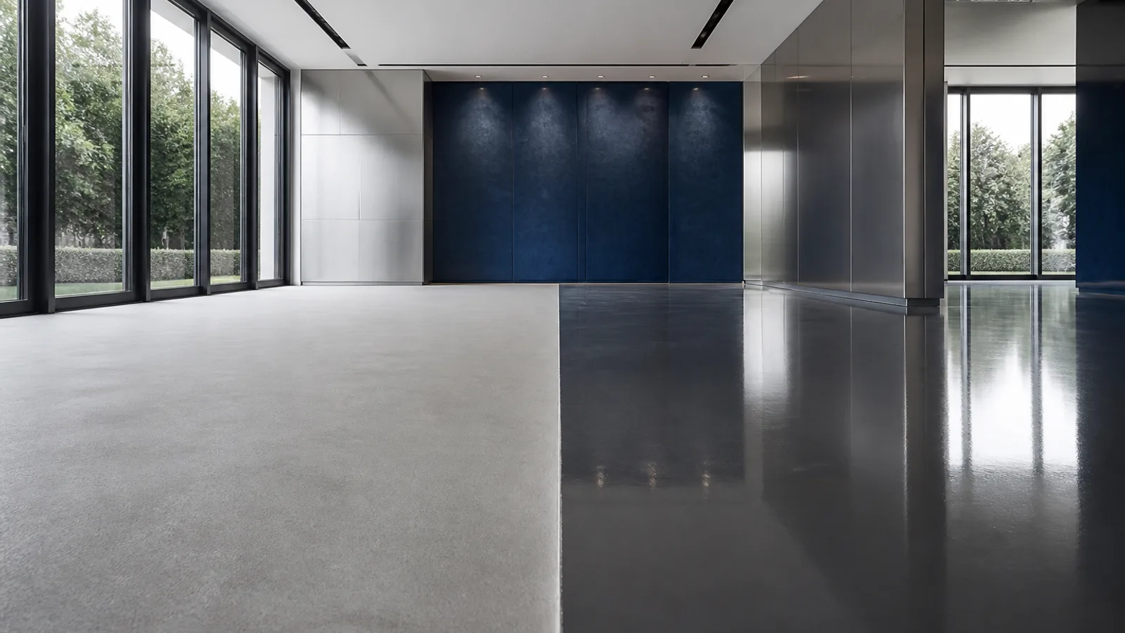 Empty room with the floor split between matte grey cement screed and glossy charcoal epoxy