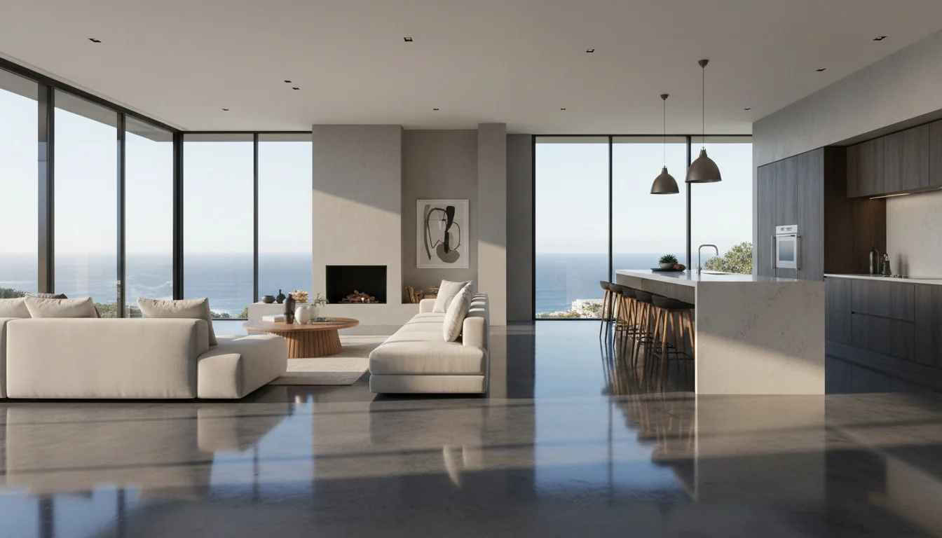 Seamless high-gloss metallic epoxy floor flowing through an open-plan Cape Town living and kitchen area