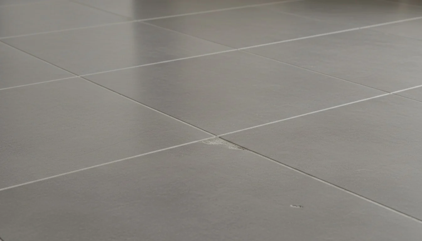 Close-up of a grey tiled floor showing the grid of grout lines that trap dirt and need re-sealing