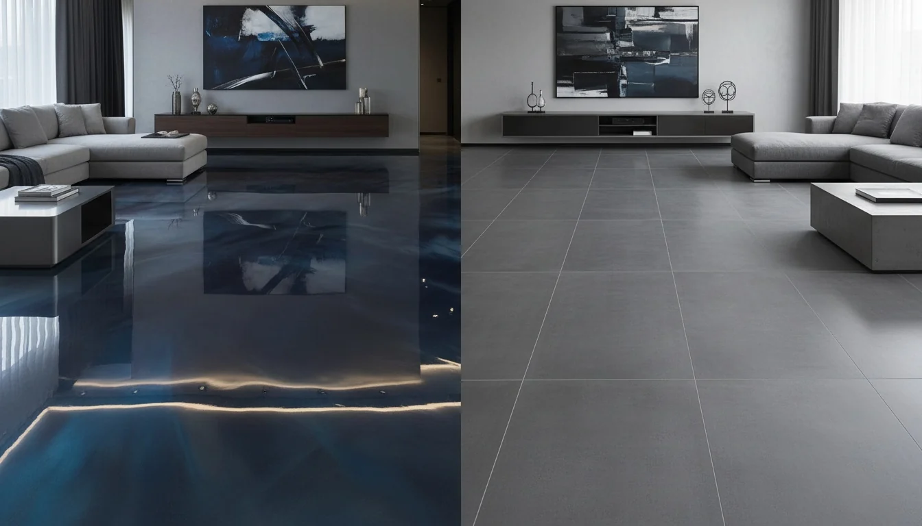 Seamless high-gloss epoxy floor compared with a tiled floor in a Cape Town home