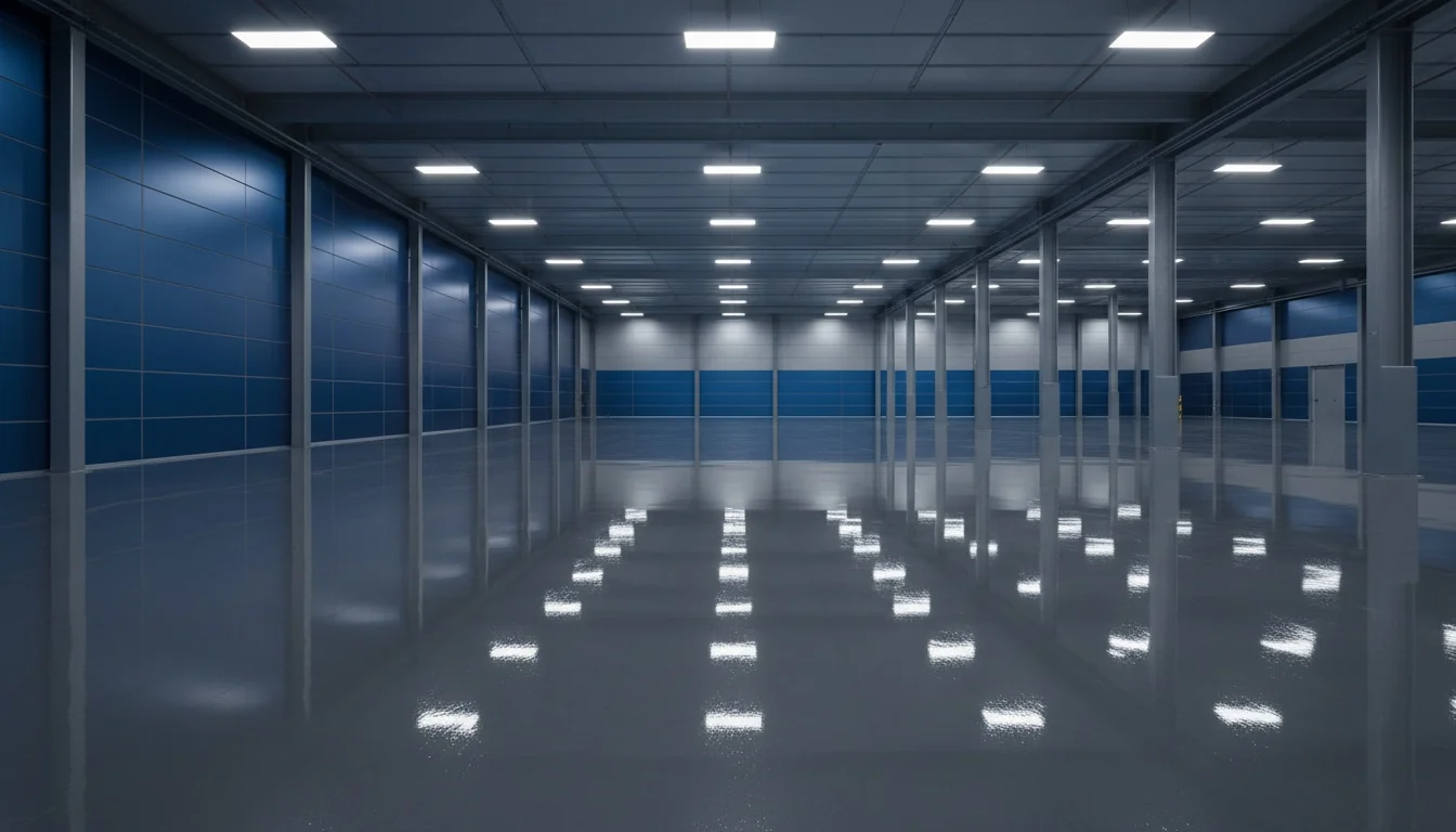 White and silver metallic epoxy showroom floor finish