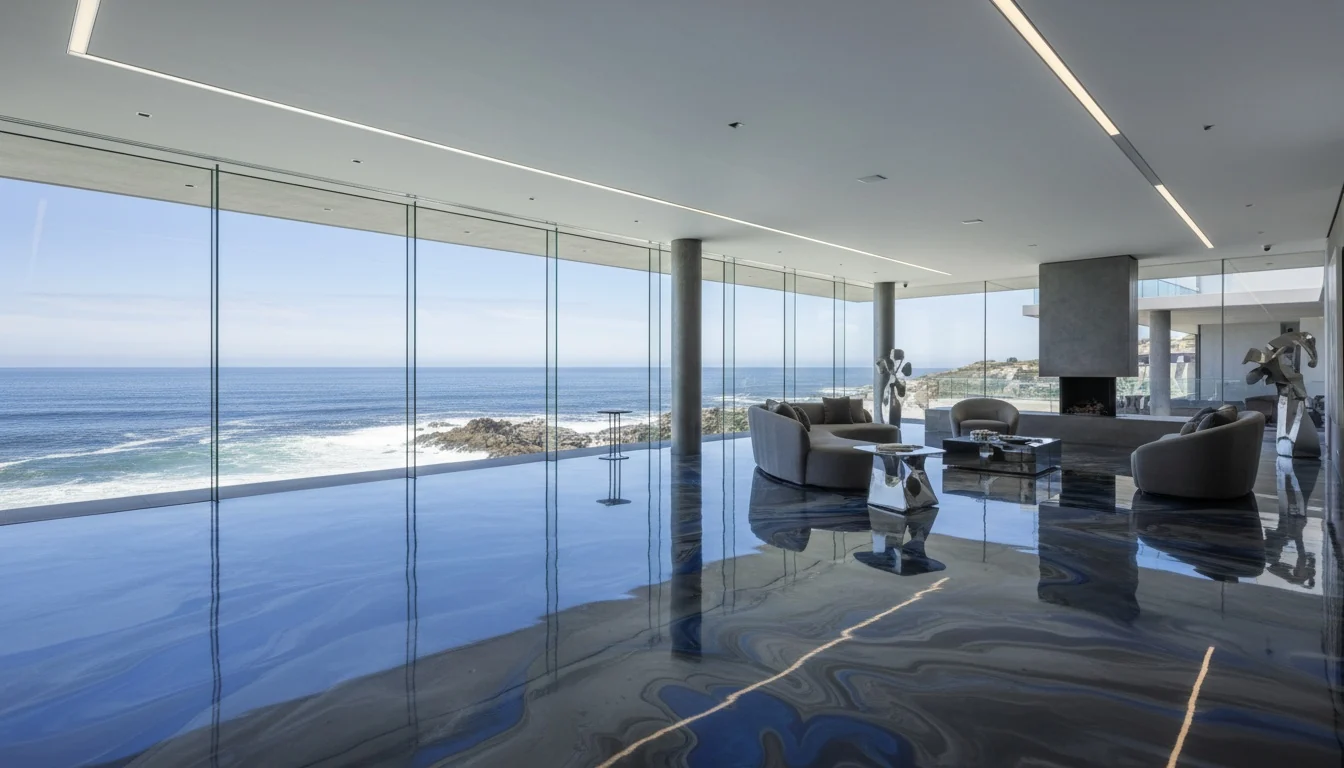 High-gloss metallic epoxy floor in a premium Atlantic Seaboard apartment in Cape Town